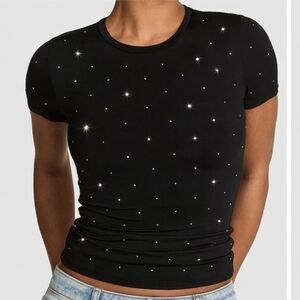 PINK Victoria's Secret Black T-shirt Embellished With Diamante Crystals Stretch